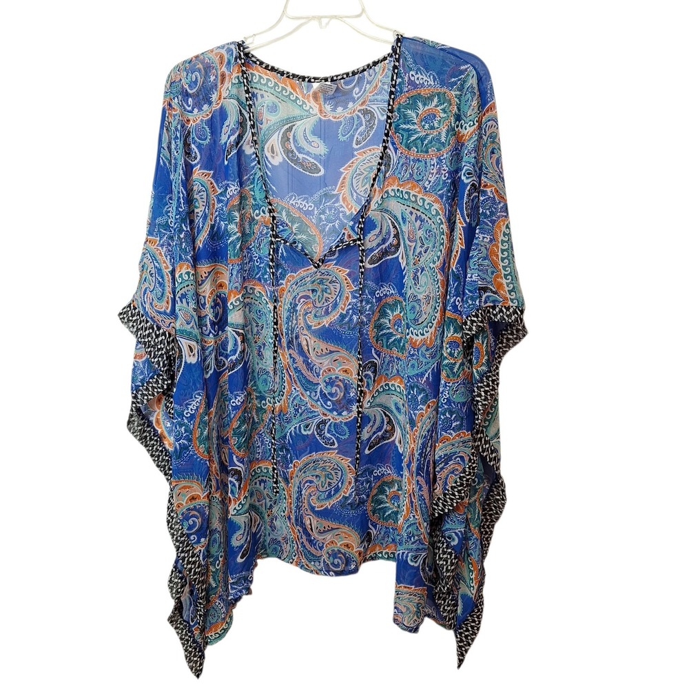 Beach To Beach US 28/30 Kimono Coverup Sheer Blue Multi Pool Resort Tie‎ Neck